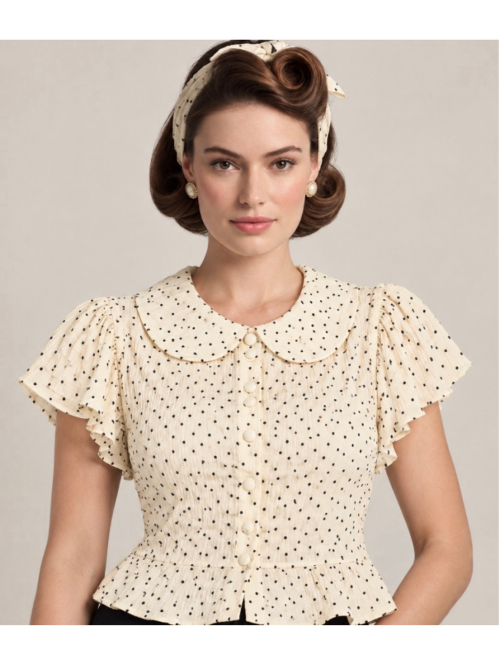 ModCloth Cream & Black Polka Dot Peter Pan Collar Blouse Size M